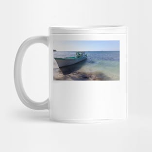 the summer is magic, the shore and the boat photograph ecopop landscape Mug